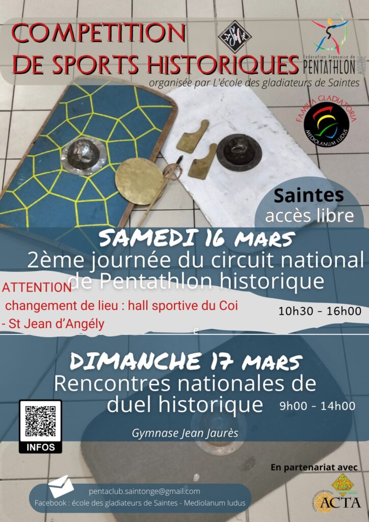 Affiche qui présente la 2ème journée du circuit national du pentathlon Historique à Saintes (2024)