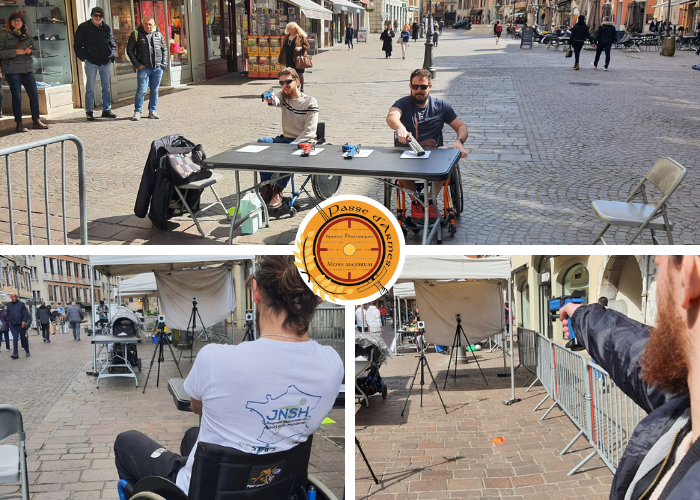 3 photos qui montrent les façons d'adapter le Laser Run à certaines situations de handicap (fauteuil roulant)