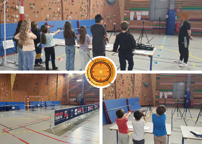 Trois images qui présentent la pratique du Laser Run dans un gymnase, pour l'événement Terre des jeux 2024 de la commune des deux Alpes